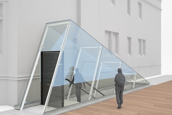 Galerie Le Livart - édicule en verre structurel et structure en acier filigrane. Structural glass entrance canopy. lateralconseil.com
