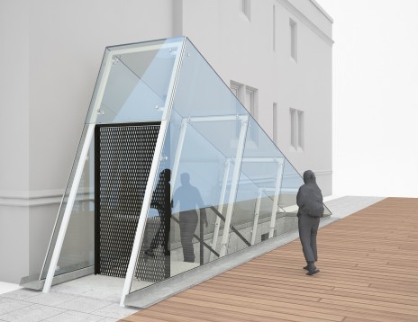 Galerie Le Livart - édicule en verre structurel et structure en acier filigrane. Structural glass entrance canopy. lateralconseil.com